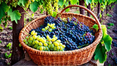 Wicker Basket Filled With Freshly Harvested Grapes