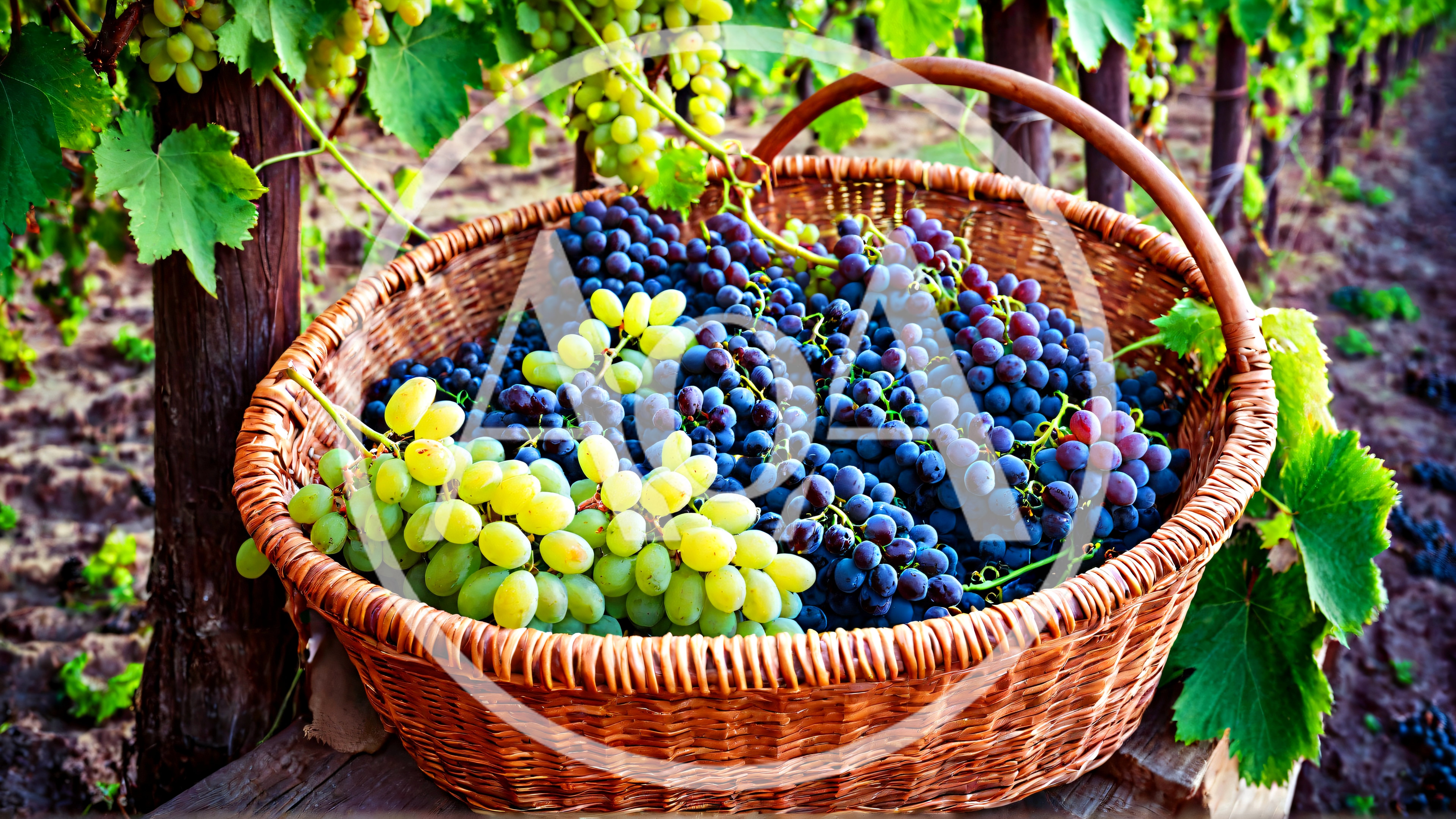 Wicker Basket Filled With Freshly Harvested Grapes