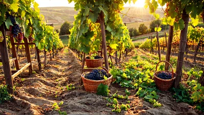 Harvesting Ripe Purple Grapes In A Sunny Vineyard