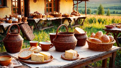 Rustic Outdoor Table Spread With Fresh Bread And Cheese