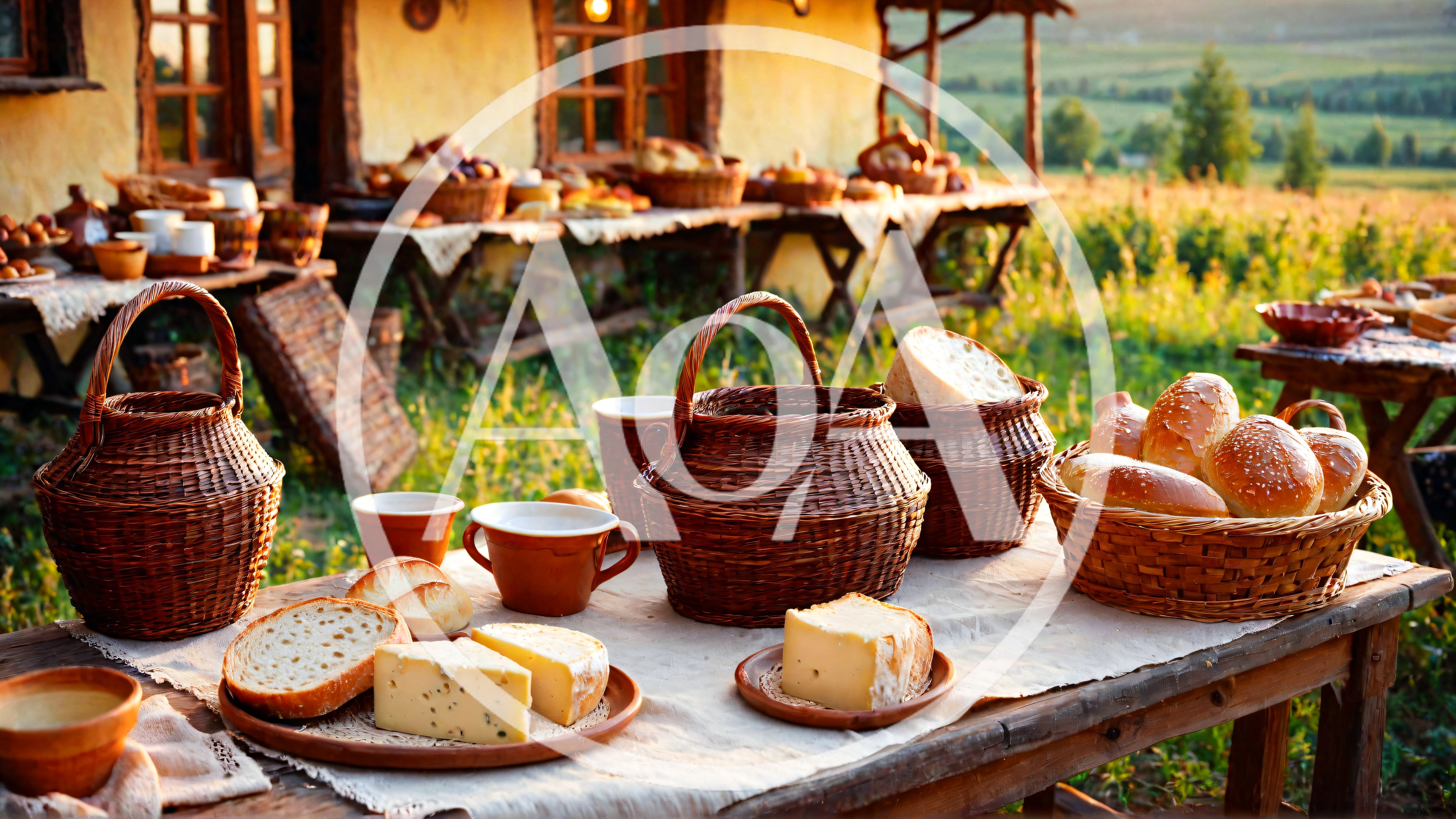 Rustic Outdoor Table Spread With Fresh Bread And Cheese