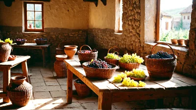 Rustic Winery Interior With Freshly Harvested Grapes