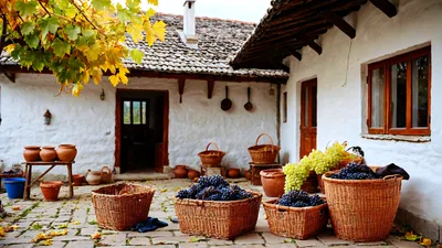 Harvested Grapes In Wicker Baskets At Traditional Farmhouse