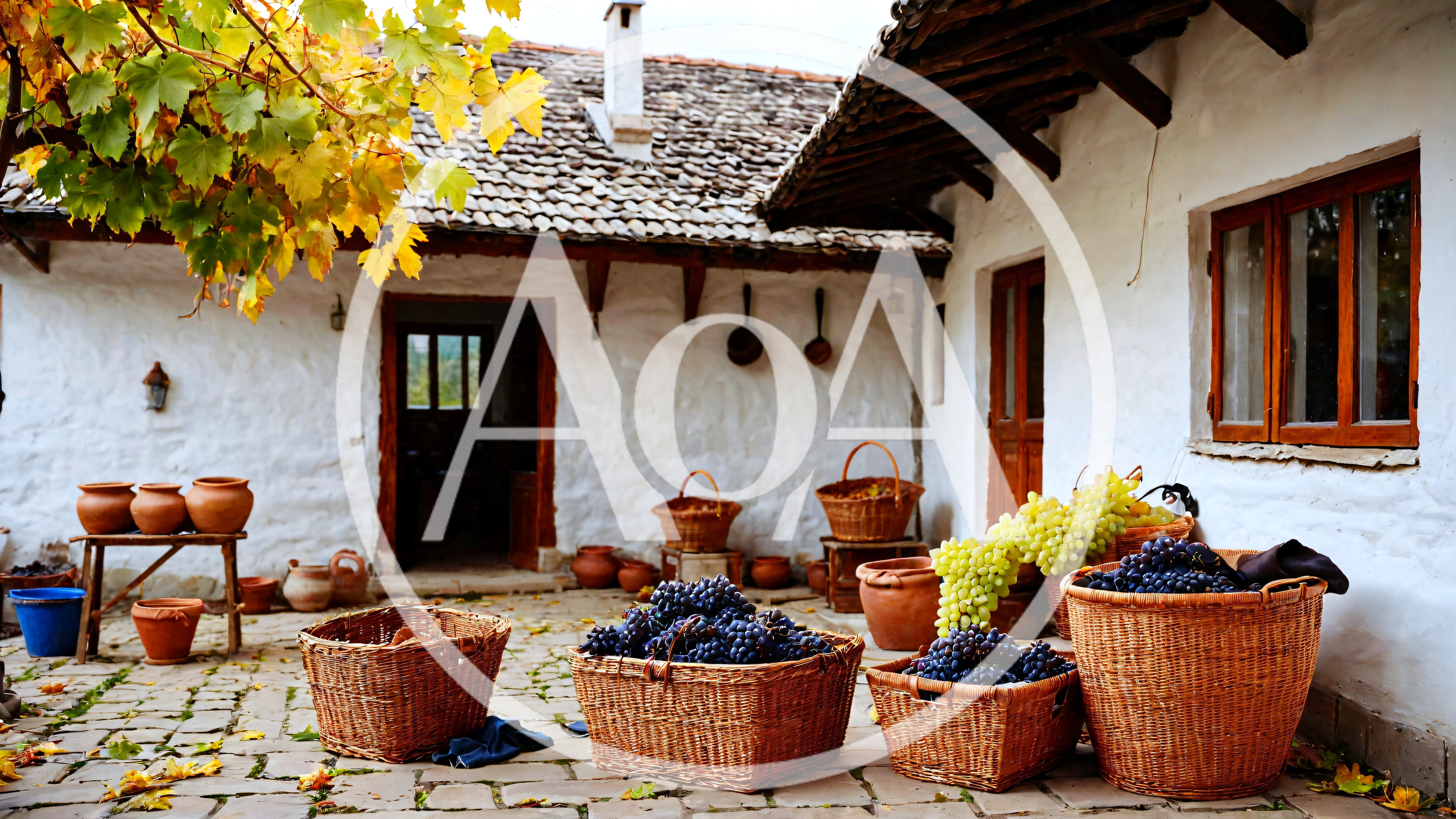 Harvested Grapes In Wicker Baskets At Traditional Farmhouse