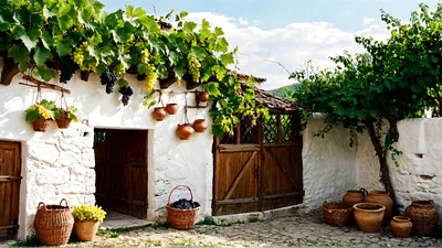 Rustic Mediterranean Courtyard With Grapevines And Clay Pottery