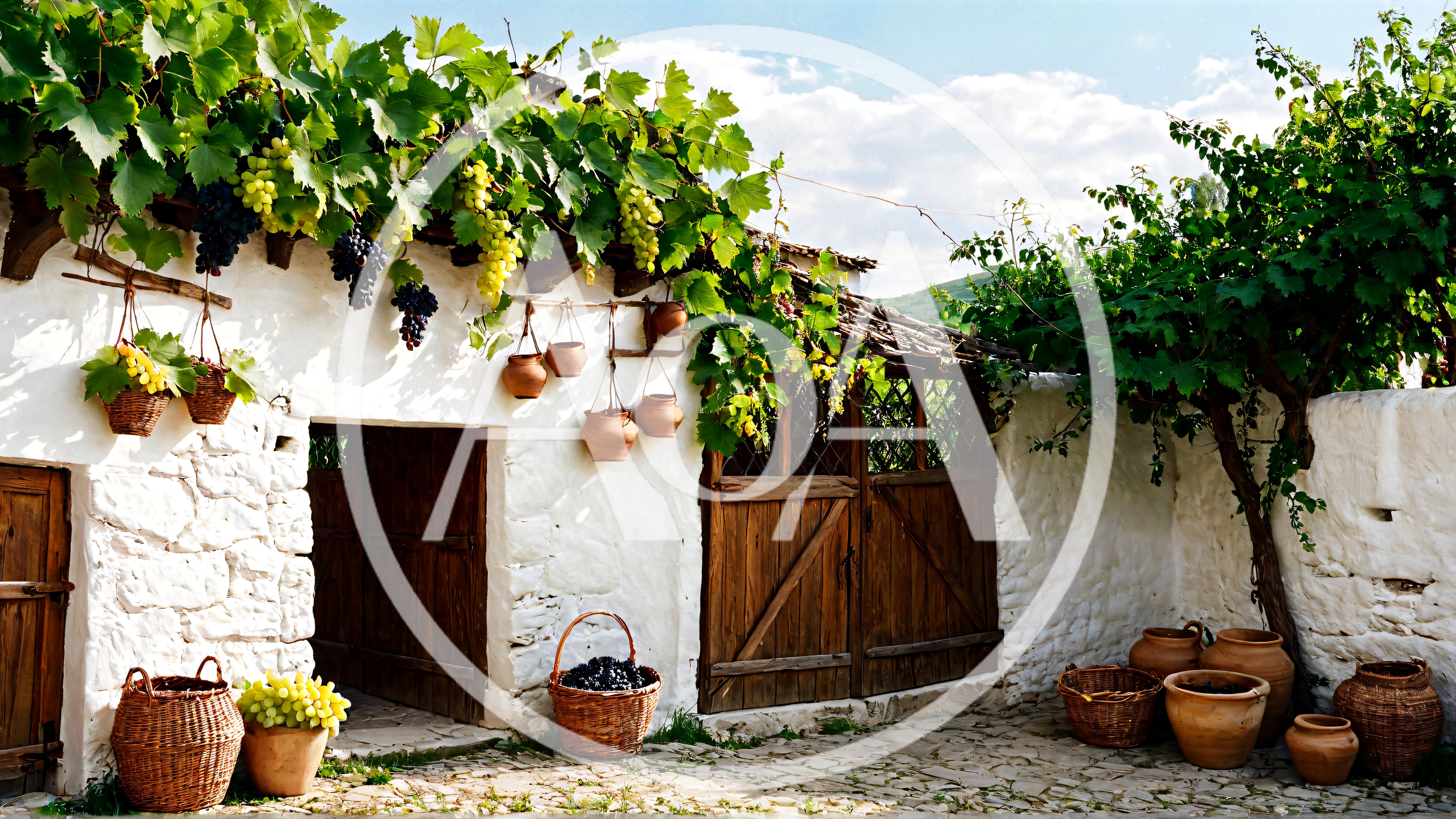Rustic Mediterranean Courtyard With Grapevines And Clay Pottery