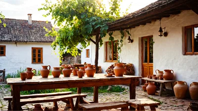 Rustic Courtyard With Traditional Clay Pottery And Wooden Furniture