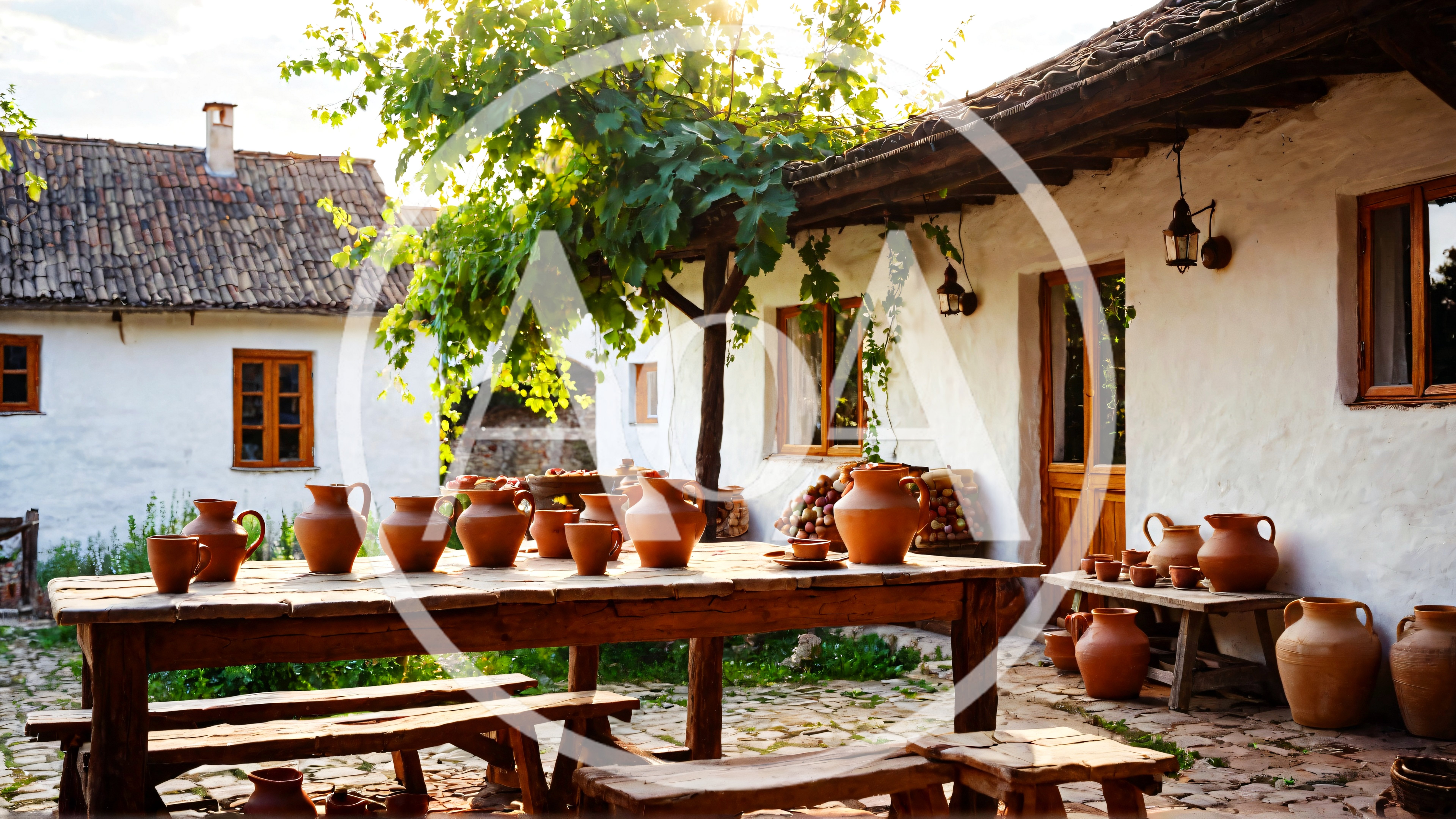 Rustic Courtyard With Traditional Clay Pottery And Wooden Furniture
