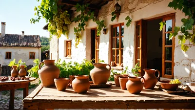 Rustic Clay Pottery Display On A Sunny Terrace
