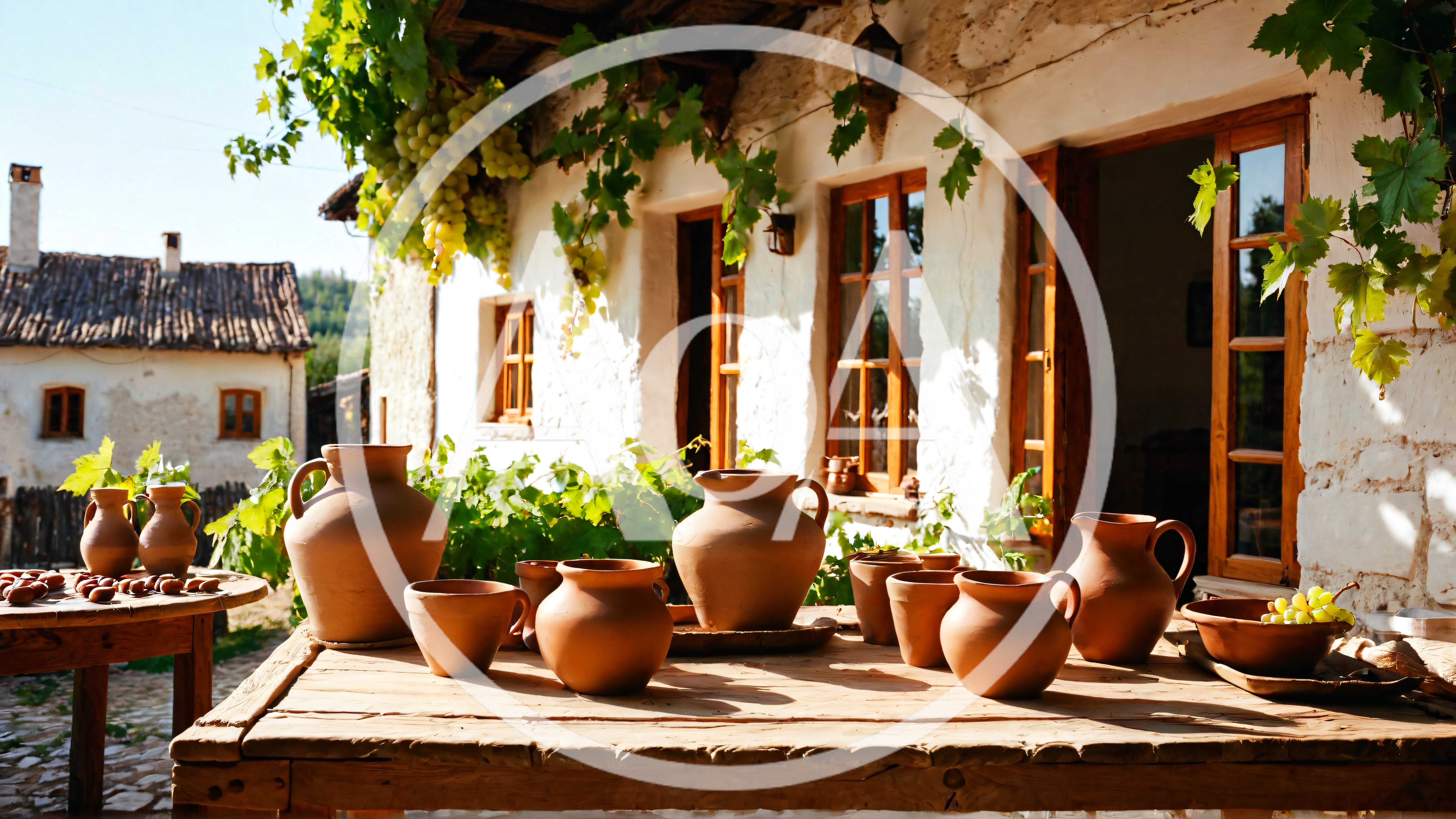Rustic Clay Pottery Display On A Sunny Terrace