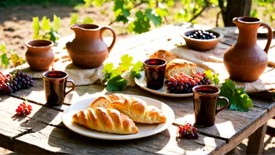 Rustic Picnic Table With Fresh Bread And Grapes
