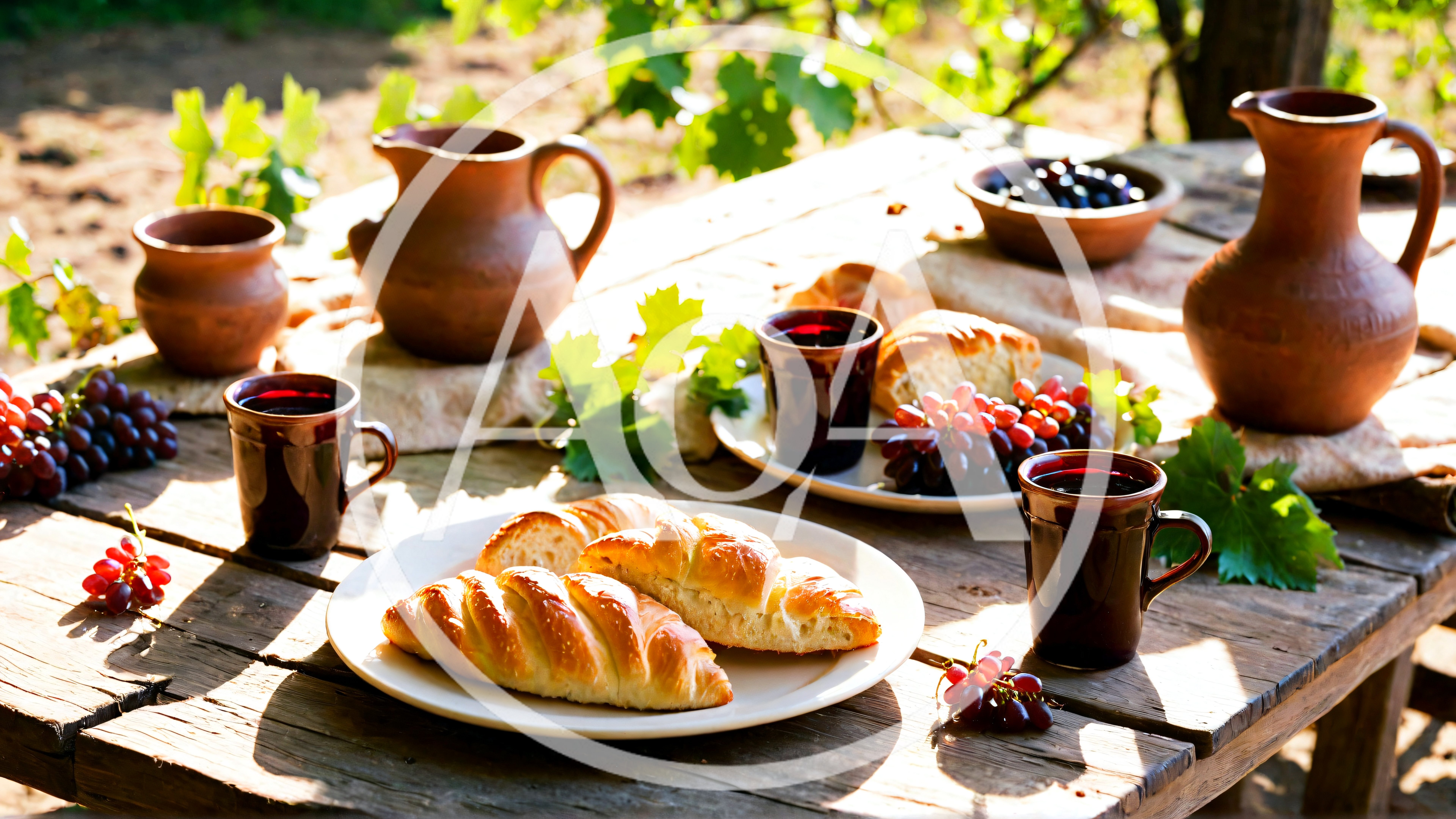 Rustic Picnic Table With Fresh Bread And Grapes