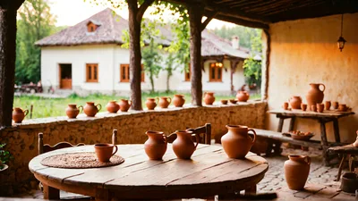 Rustic Pottery Display On A Traditional Countryside Porch
