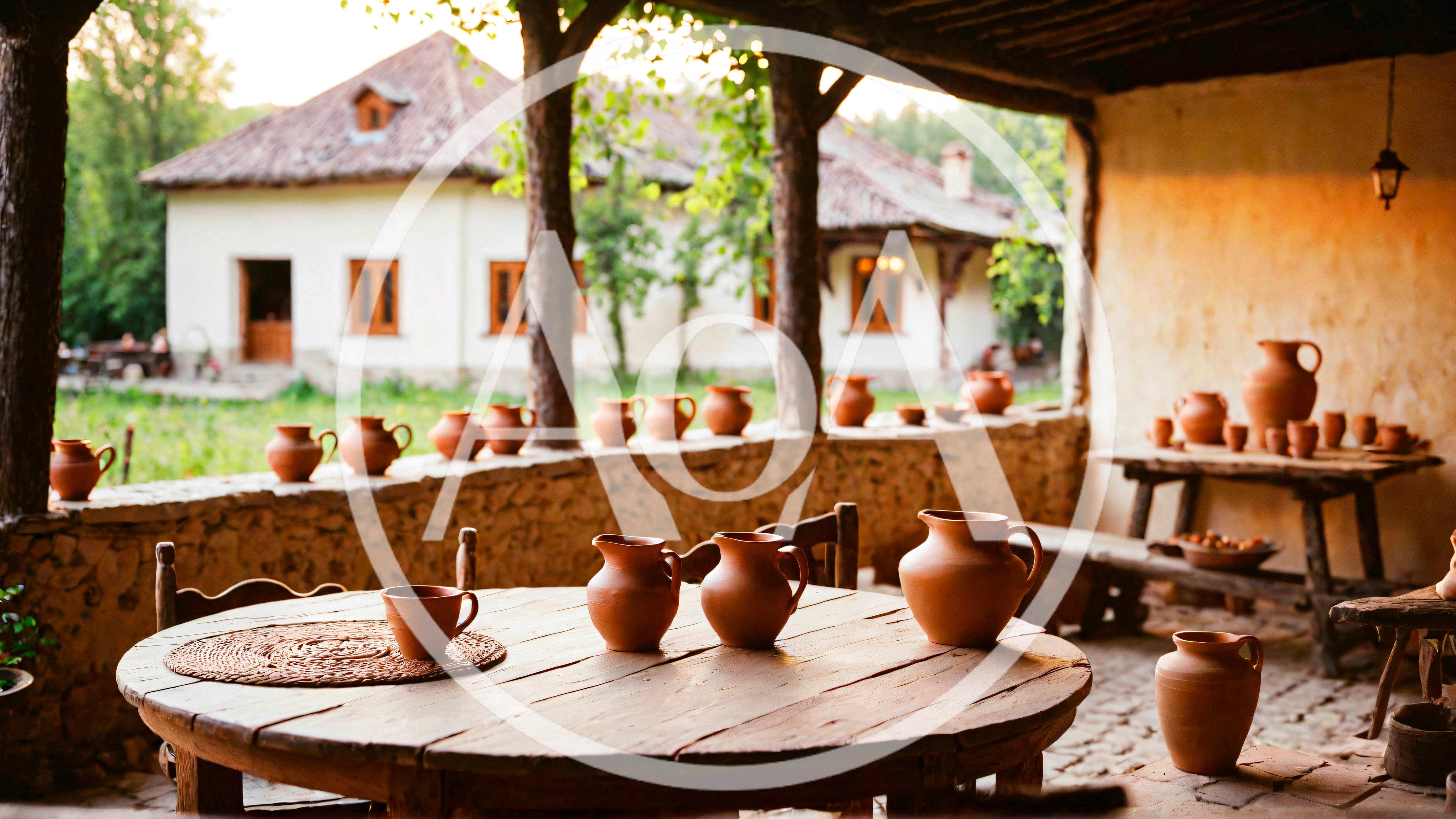 Rustic Pottery Display On A Traditional Countryside Porch