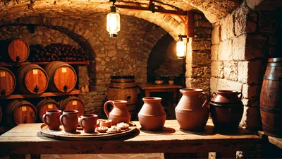 Rustic Wine Cellar With Clay Pottery And Barrels