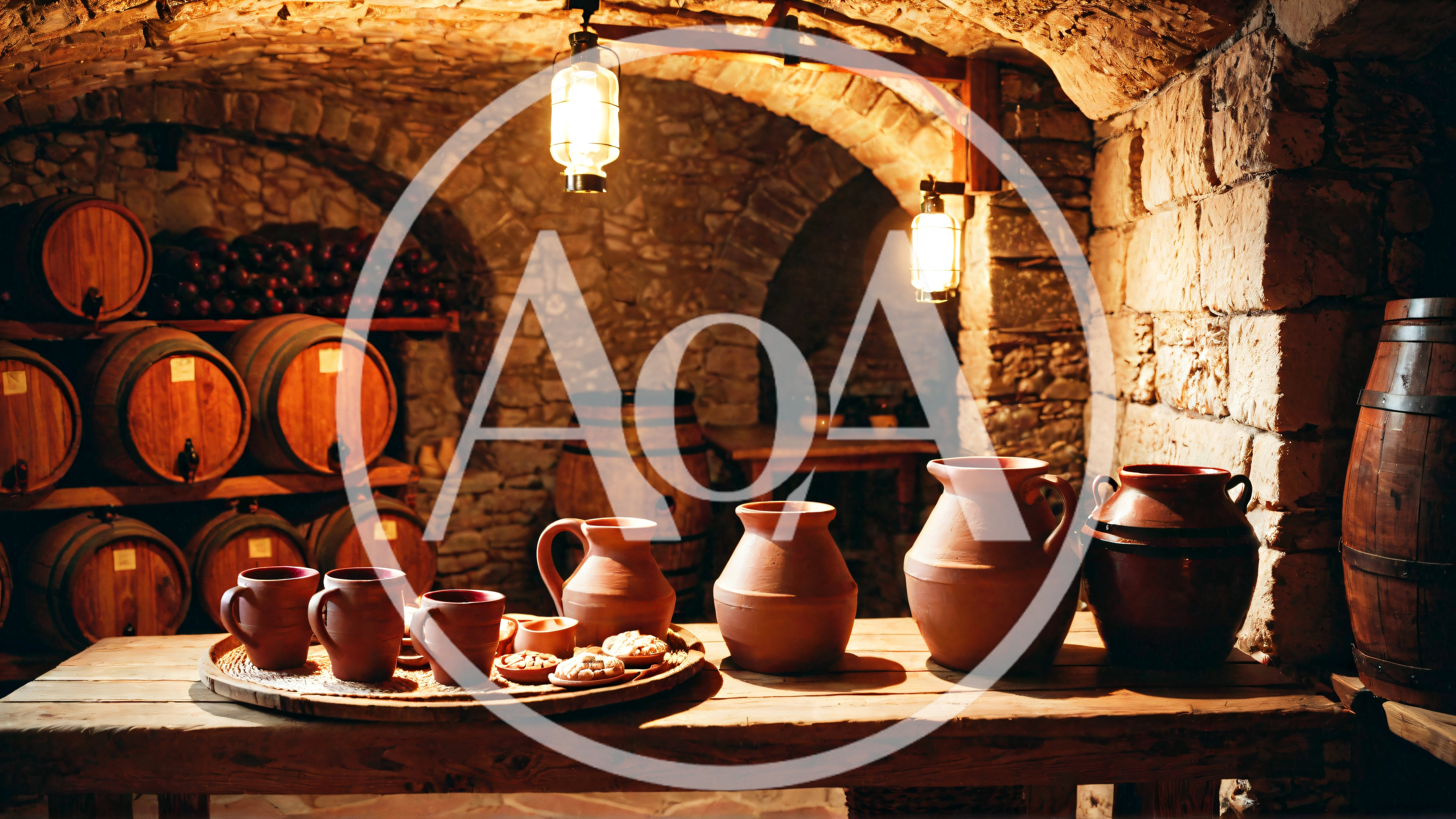Rustic Wine Cellar With Clay Pottery And Barrels