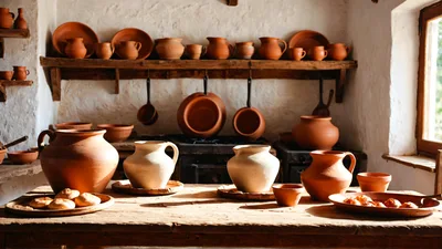 Rustic Kitchen Interior With Traditional Clay Pottery