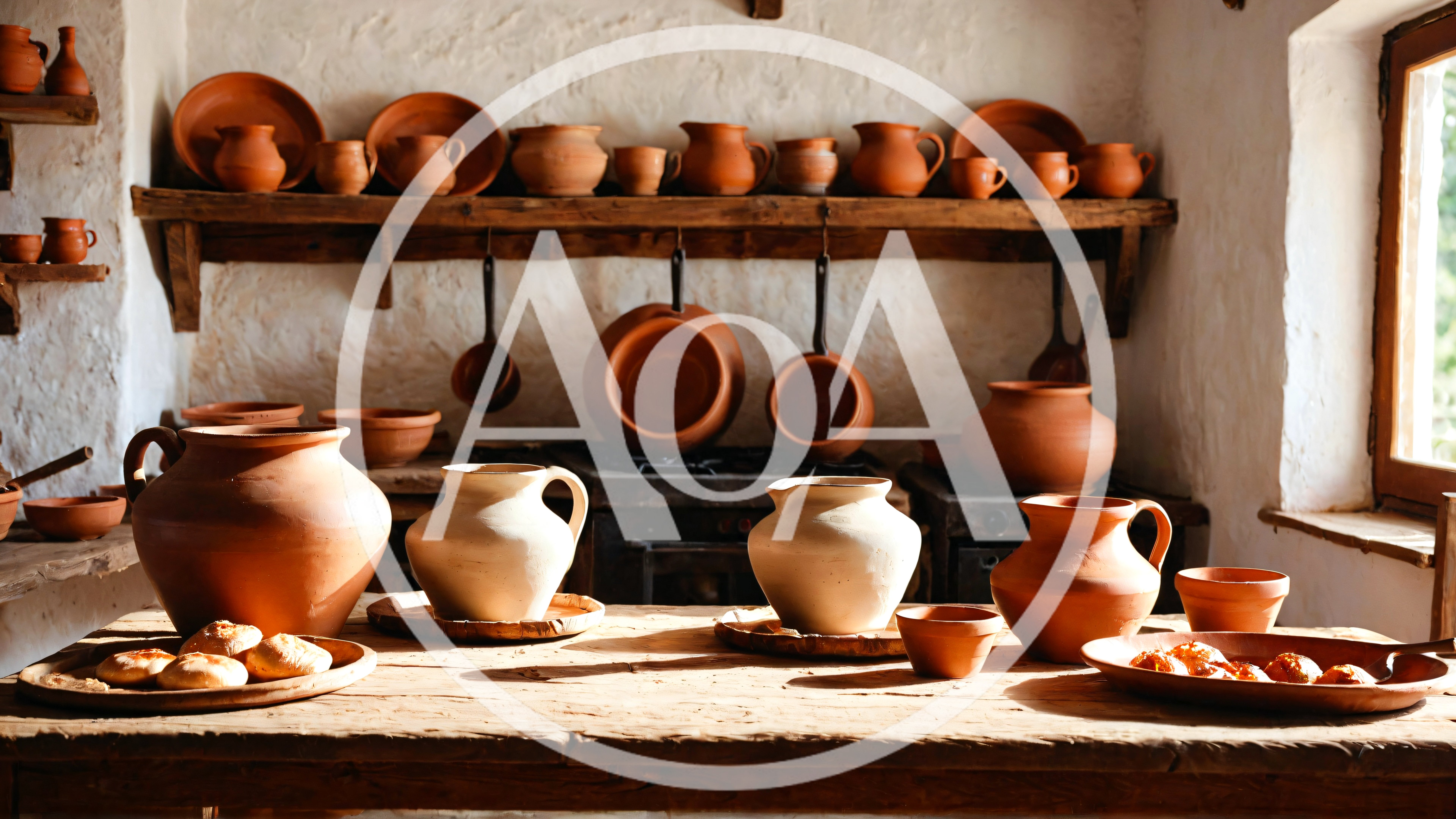 Rustic Kitchen Interior With Traditional Clay Pottery