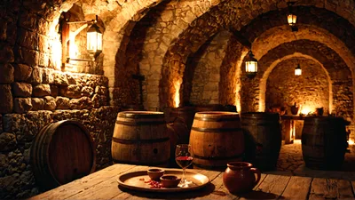 Wine Barrels In A Rustic Stone Cellar