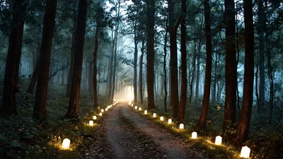 Luminaria Lined Path Through A Misty Forest