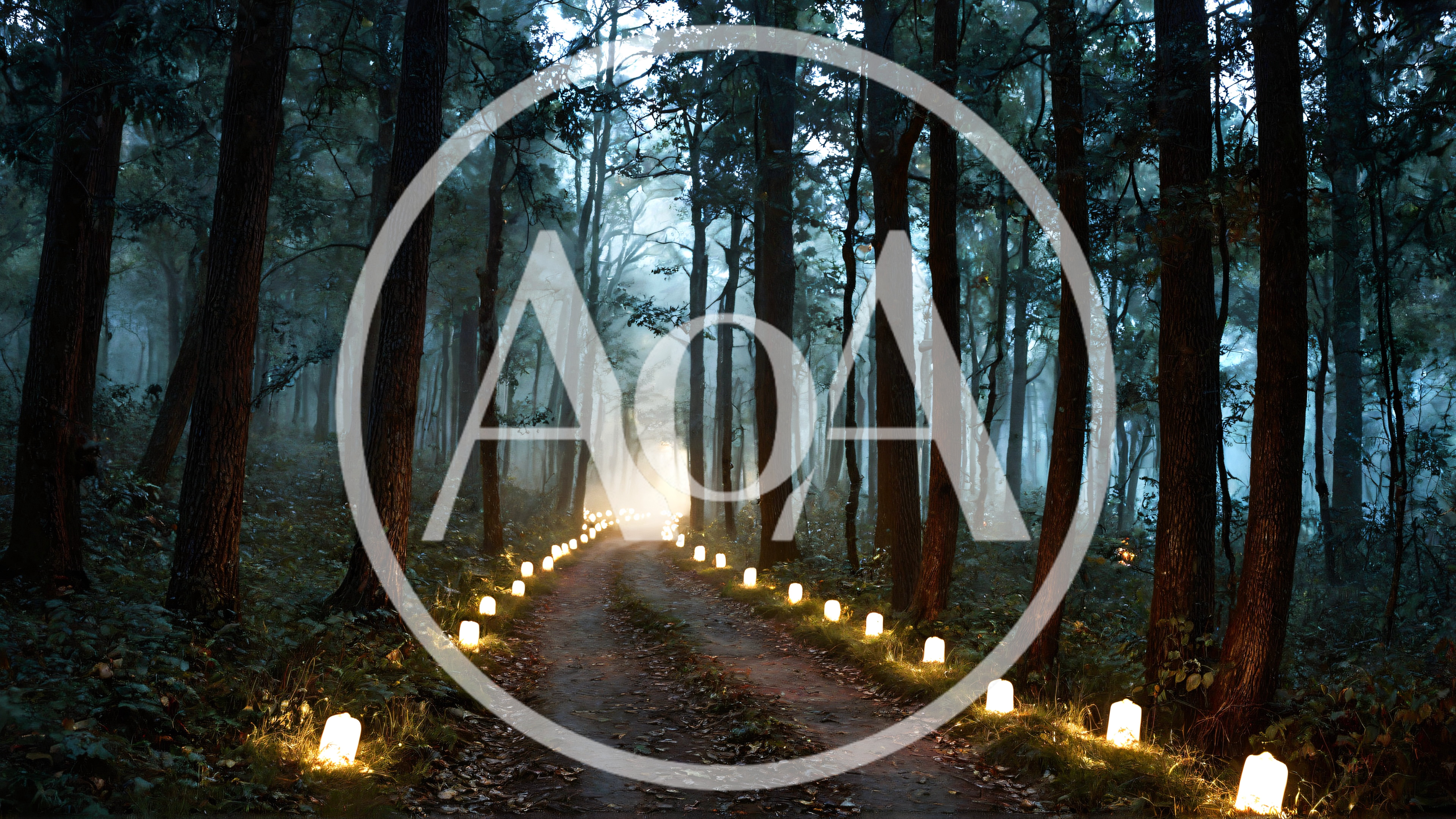 Luminaria Lined Path Through A Misty Forest