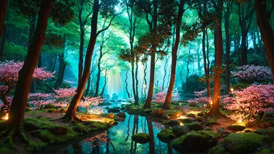 Enchanted Forest With Glowing Cherry Blossom Trees