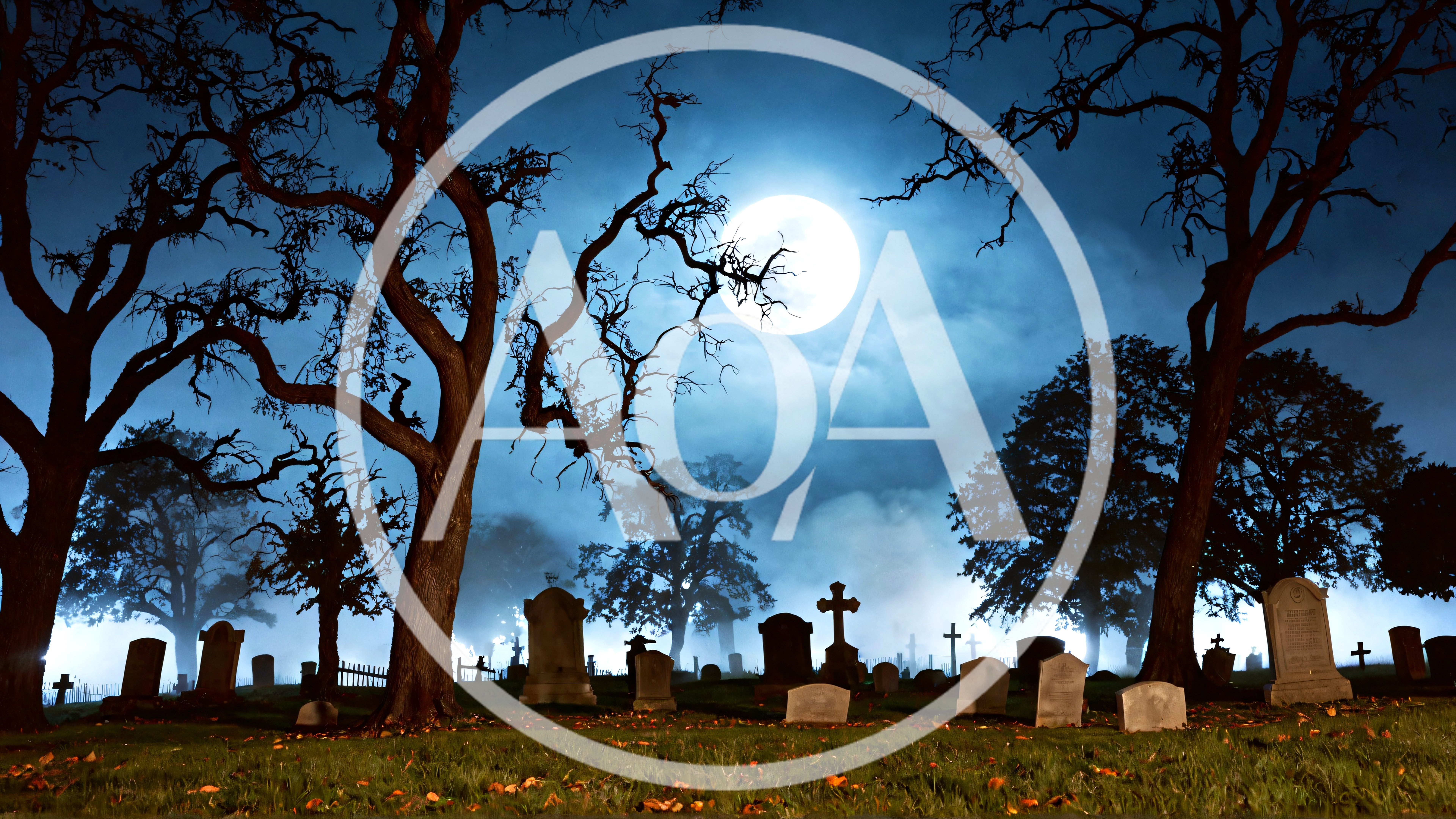 Full Moon Over A Spooky Graveyard At Night