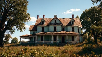 Abandoned Victorian Farmhouse In A Rural Field