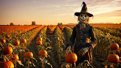 Scarecrow With Pumpkin Mask In A Sunset Pumpkin Patch