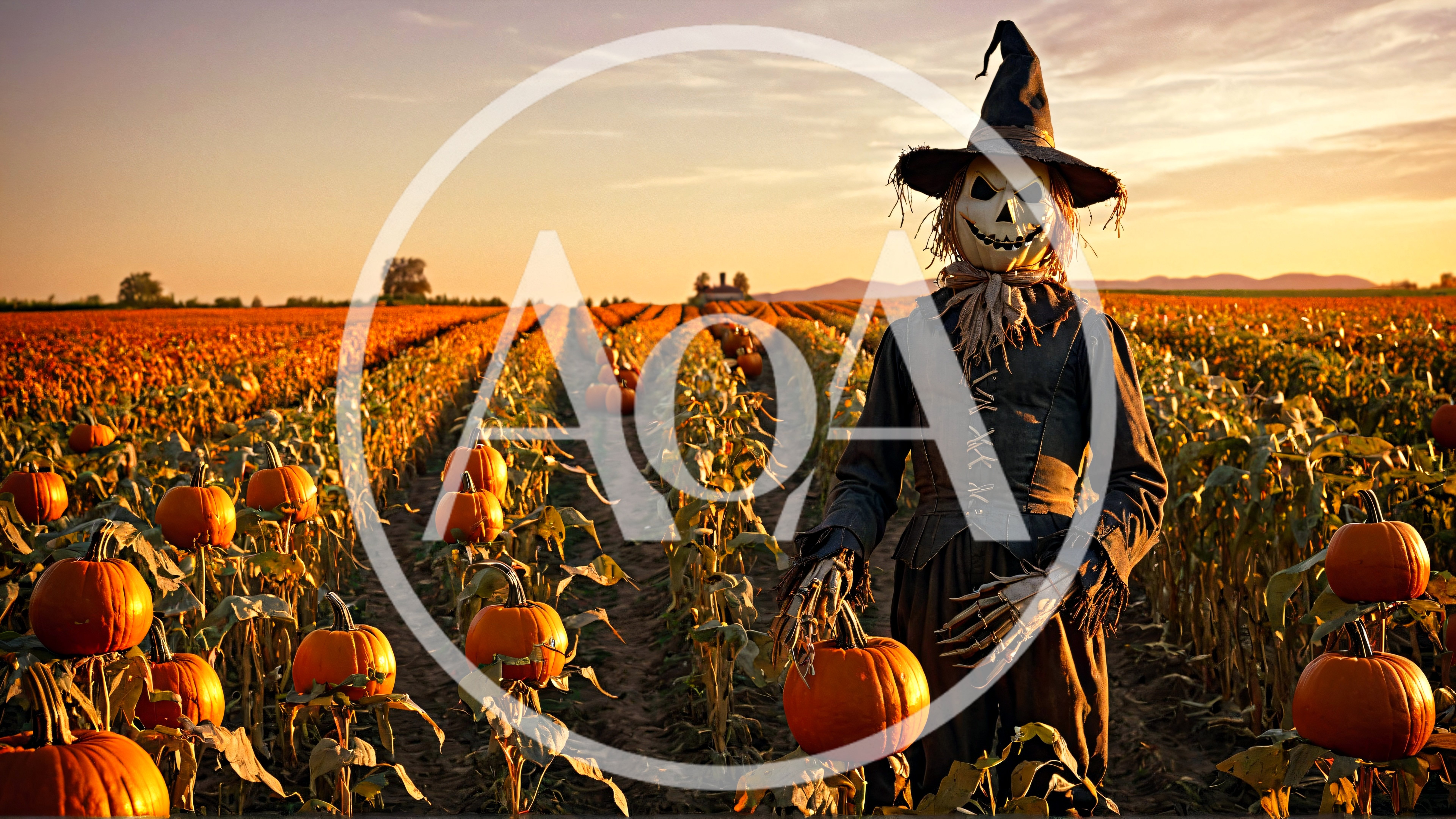 Scarecrow With Pumpkin Mask In A Sunset Pumpkin Patch