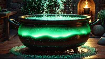 Glowing Green Magic Cauldron With Splashing Liquid