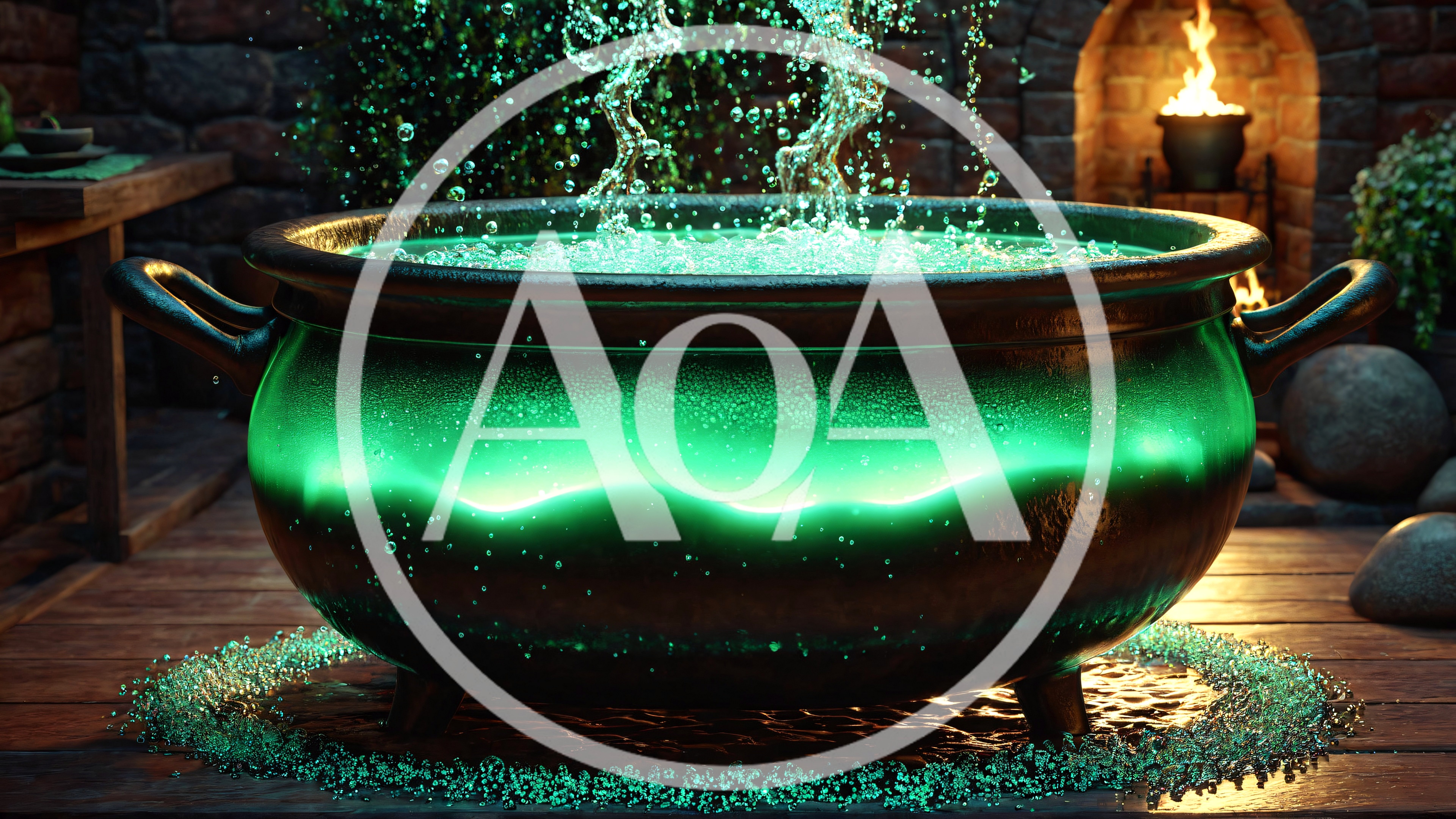 Glowing Green Magic Cauldron With Splashing Liquid