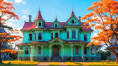 Victorian Mansion With Turquoise Exterior And Red Roof