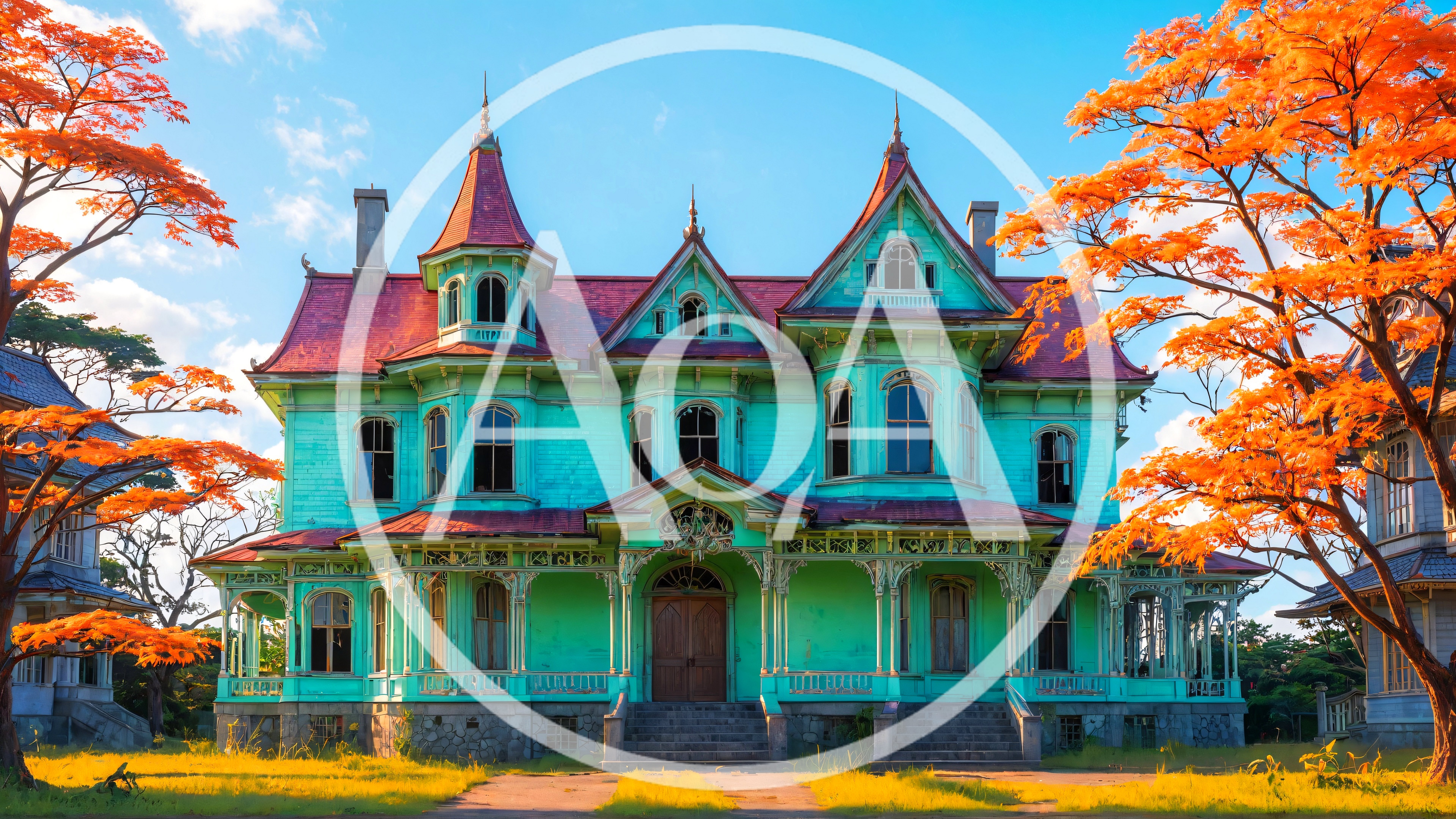 Victorian Mansion With Turquoise Exterior And Red Roof