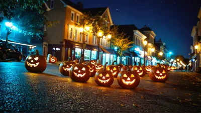 Jack O Lanterns Lining A Festive Town Street