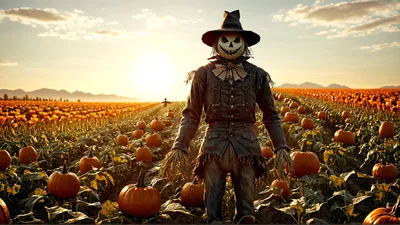 Scarecrow Standing In A Vast Pumpkin Patch At Sunset