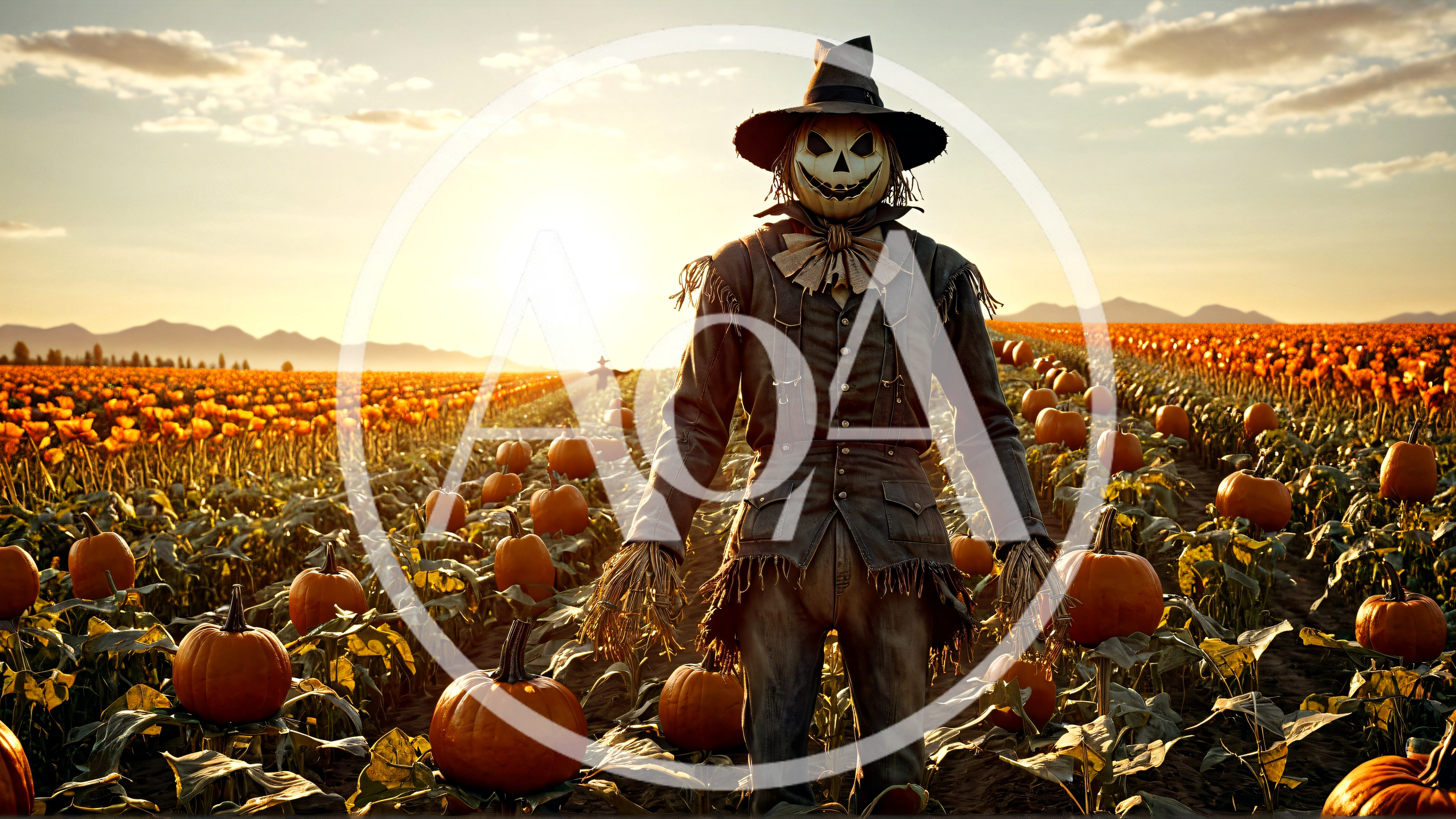 Scarecrow Standing In A Vast Pumpkin Patch At Sunset