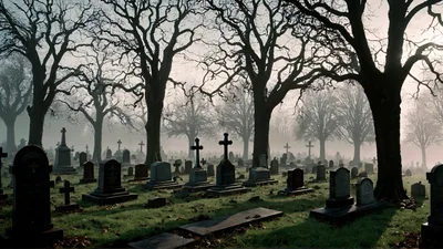 Foggy Cemetery With Bare Trees And Gravestones