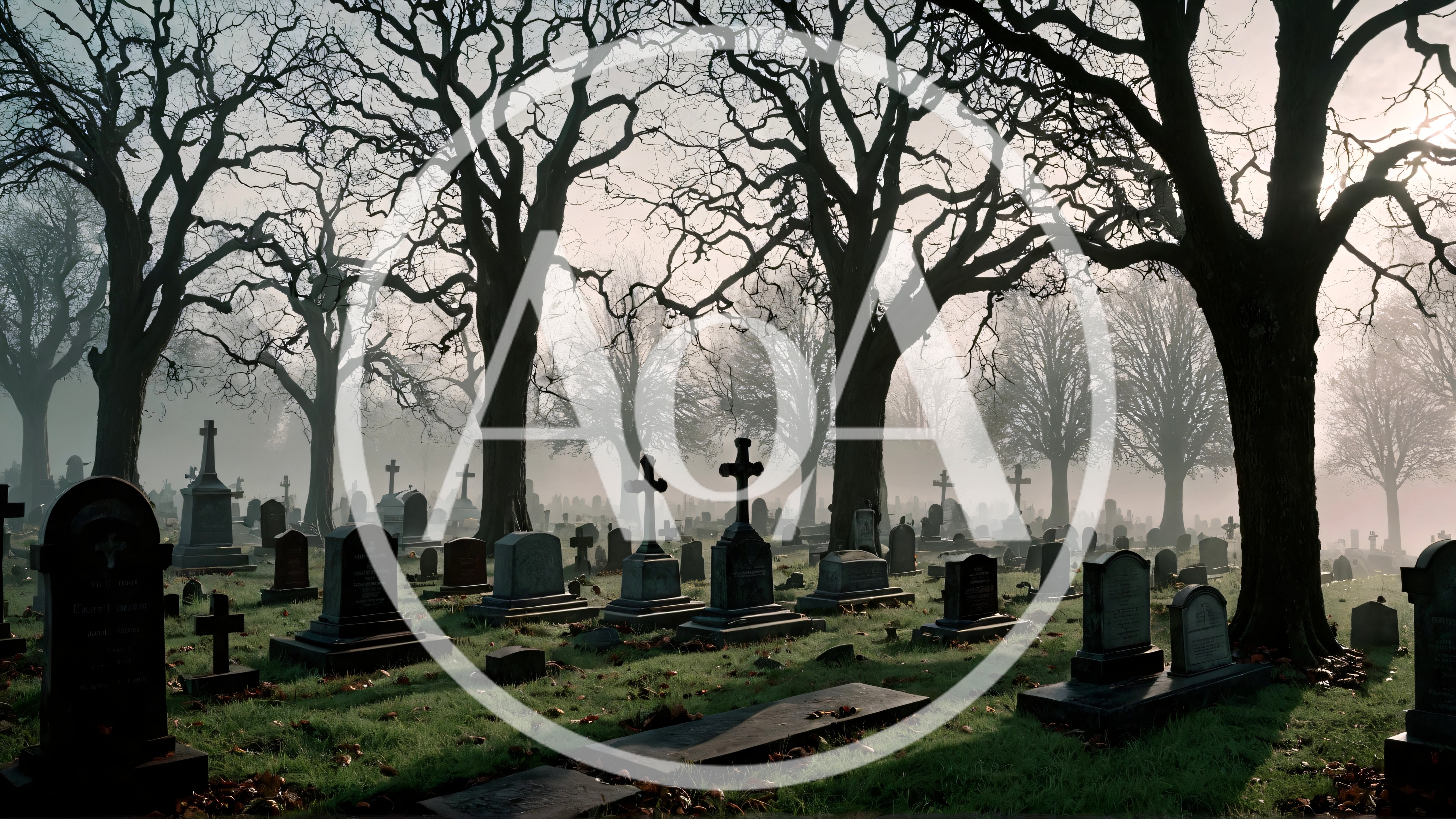 Foggy Cemetery With Bare Trees And Gravestones