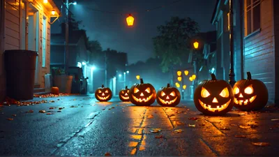 Glowing Jack O Lanterns Lining A Dark Suburban Street