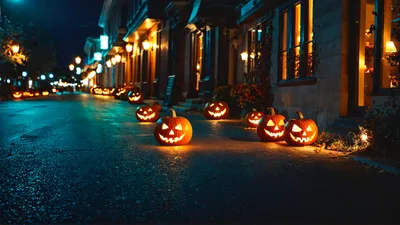Jack O Lanterns Lining A Quiet Halloween Street