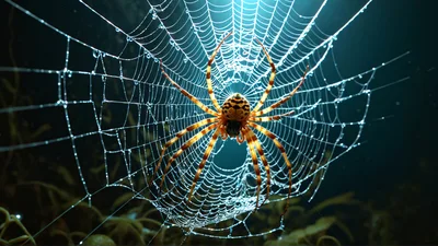 Orb Weaver Spider Resting On Dew Covered Web