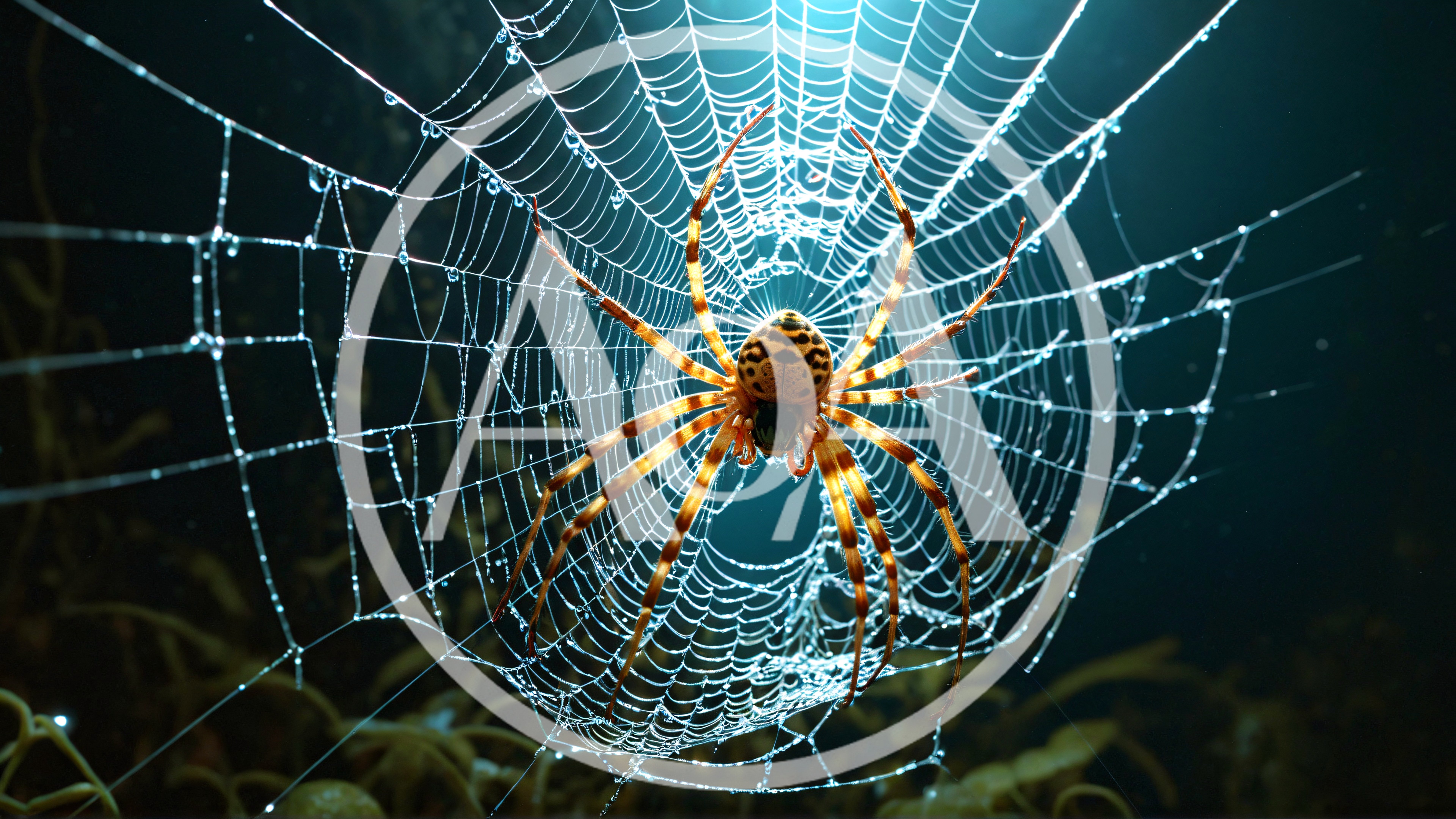 Orb Weaver Spider Resting On Dew Covered Web