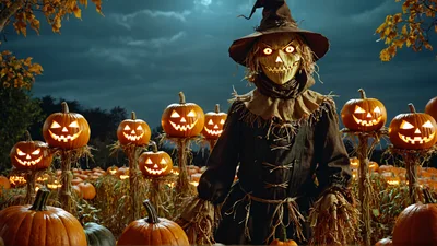 Scary Scarecrow Standing In A Pumpkin Patch At Night