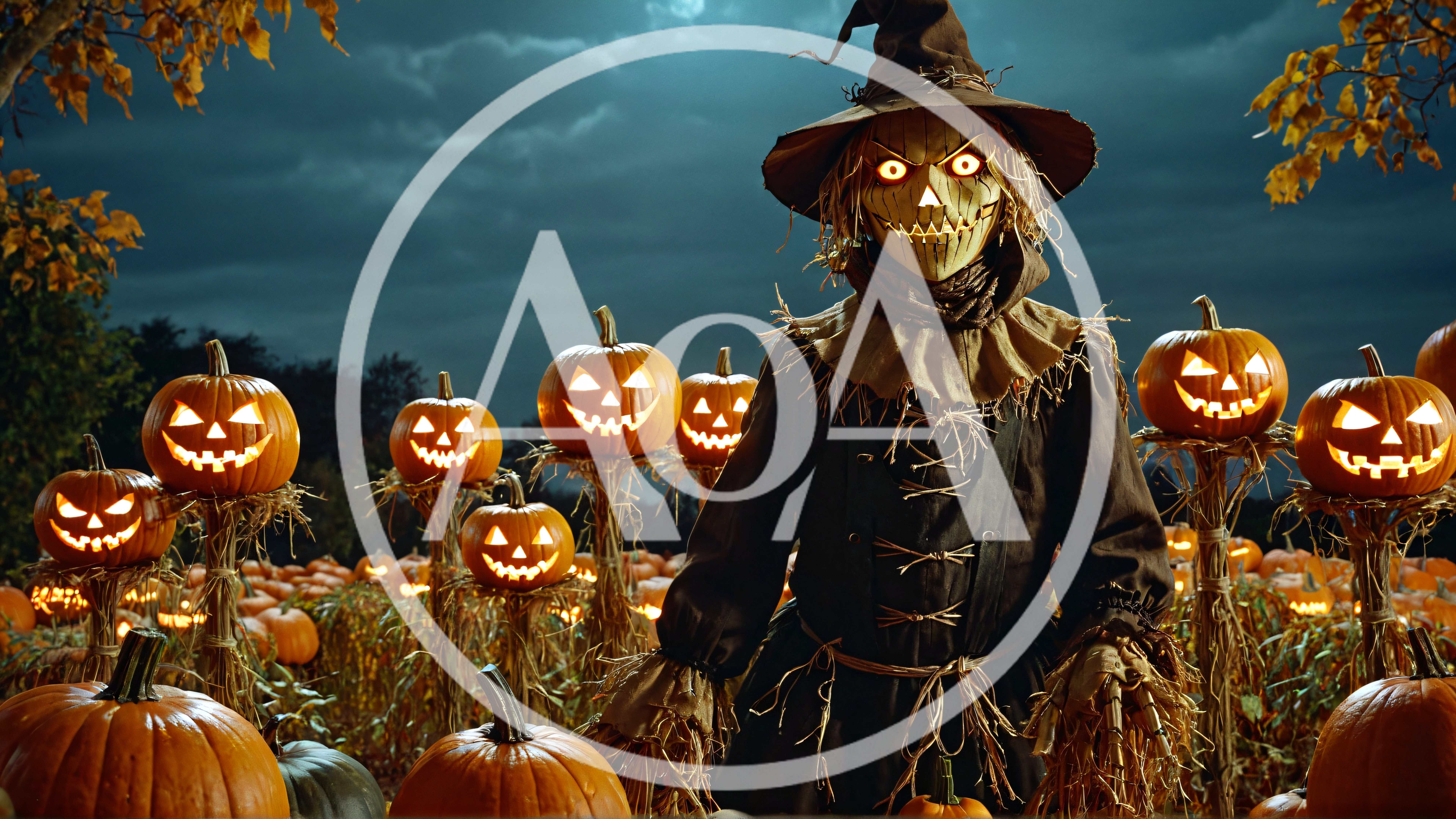 Scary Scarecrow Standing In A Pumpkin Patch At Night