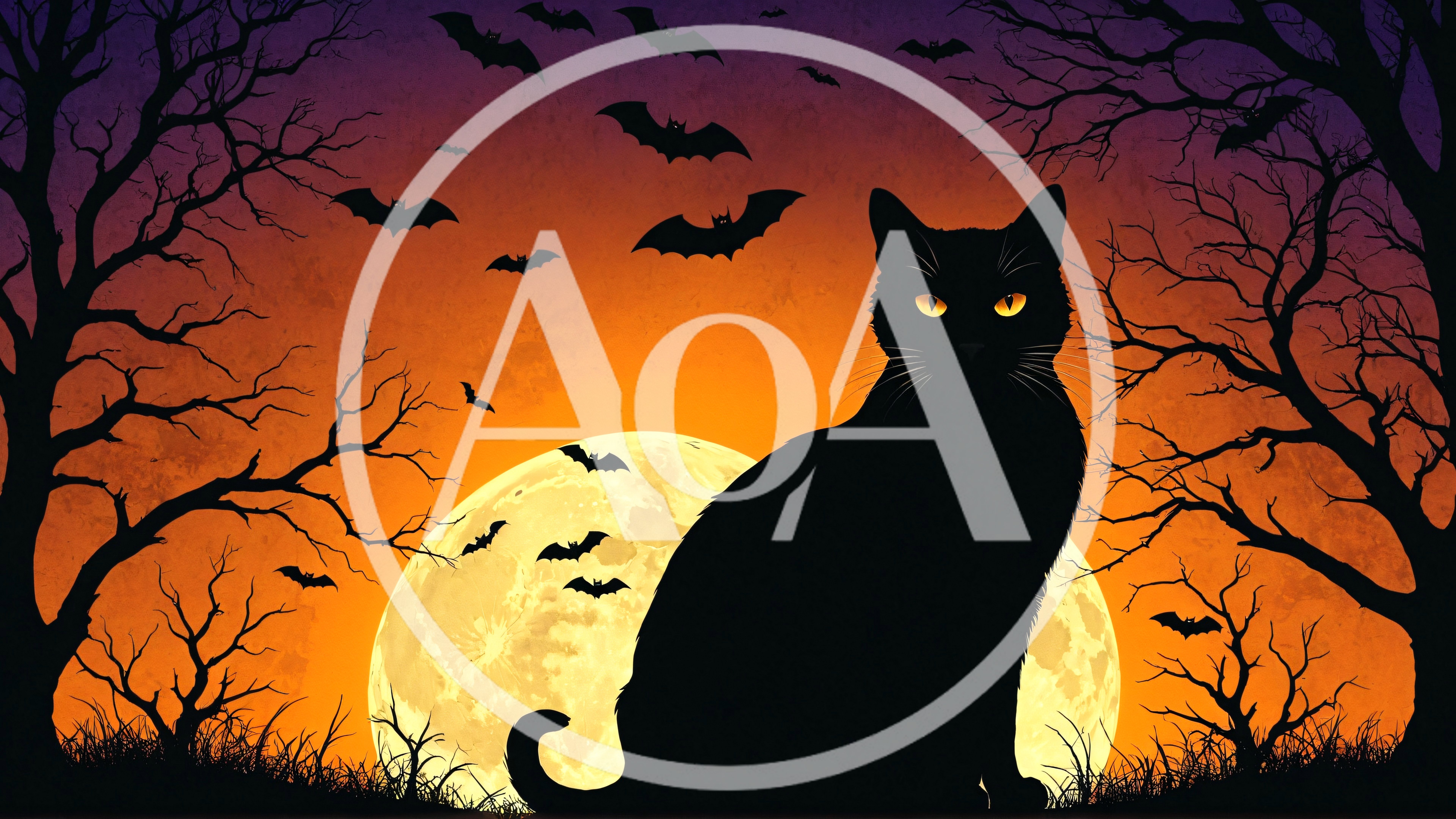 Black Cat Silhouette Against Full Moon Halloween Background