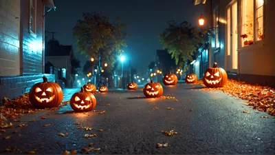 Jack O Lanterns Lining A Quiet Suburban Street