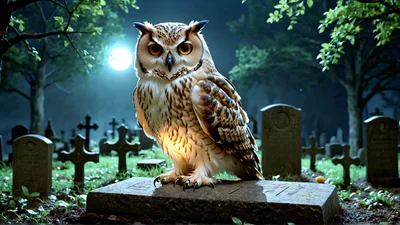 Great Horned Owl Perched on a Cemetery Tombstone