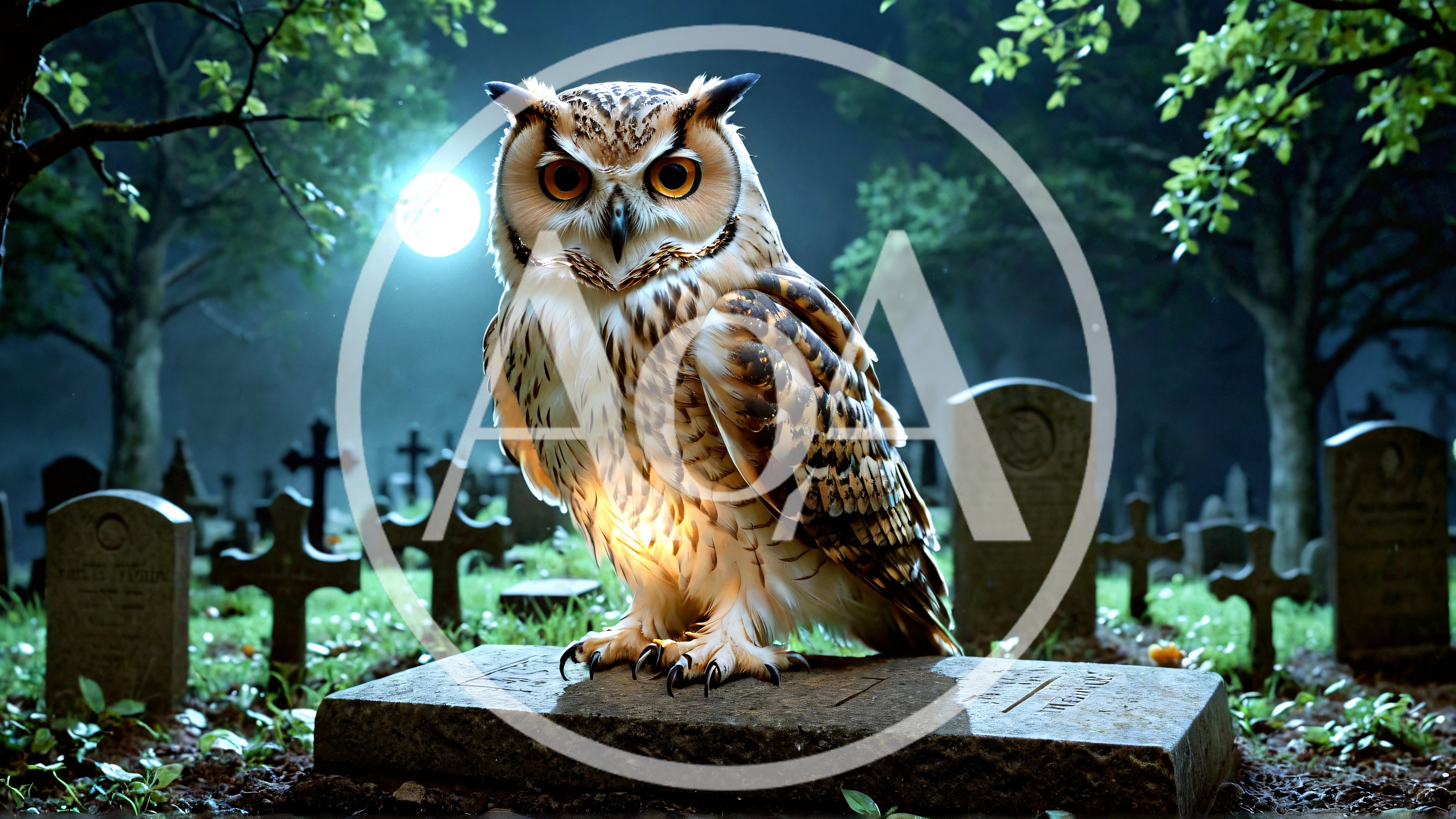 Great Horned Owl Perched on a Cemetery Tombstone