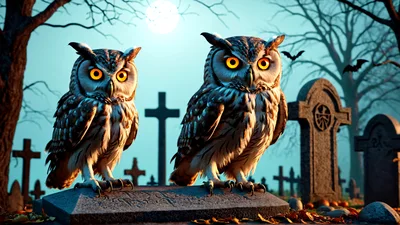 Two Great Horned Owls Perched On A Gravestone